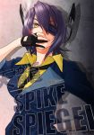  1girl banpei character_name cigarette cosplay cowboy_bebop eyepatch gloves headgear kantai_collection necktie purple_hair shirt short_hair signature smoking solo spike_spiegel spike_spiegel_(cosplay) tenryuu_(kantai_collection) yellow_eyes yellow_shirt 