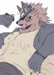  anthro bodily_fluids bottomwear canid canine canis clothed clothing ear_piercing ear_ring eyewear fenrir_(housamo) fur hair holding_object male mammal piercing reclining shirt simple_background solo sunglasses surprise sweat sweatdrop tank_top tokyo_afterschool_summoners topwear video_games white_background white_clothing white_shirt white_topwear wolf yu_chi_i 