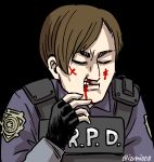  1boy black_background blood brown_hair clenched_teeth closed_eyes fingerless_gloves gloves izumi_(toubun_kata) leon_s_kennedy male_focus parody police police_uniform resident_evil resident_evil_2 simple_background solo street_fighter teeth twitter_username uniform 