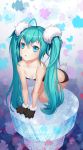  1girl ahoge all_fours bangs black_bra black_gloves black_panties blue_eyes blue_hair bra breasts cleavage collarbone eyebrows_visible_through_hair fur-trimmed_bra fur-trimmed_gloves fur_trim gloves hair_between_eyes hair_ornament hatsune_miku hatsune_miku_(vocaloid4)_(chinese) highres long_hair looking_up open_mouth panties paw_gloves paws red_and_white shiny shiny_hair small_breasts solo strapless strapless_bra twintails underwear very_long_hair vocaloid 