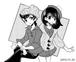  1boy 1girl :d ayateaori commentary_request dated flat_chest greyscale hat looking_at_viewer medium_hair monochrome open_mouth pants pokemon pokemon_special sitting smile standing tate_shirudomiria tsurugi_soudo 