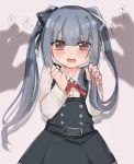  1girl black_ribbon blush brown_eyes dress eyebrows_visible_through_hair grey_hair hair_ribbon heart heart-shaped_pupils kantai_collection kasumi_(kantai_collection) long_hair long_sleeves looking_at_viewer megane_poni open_mouth pinafore_dress remodel_(kantai_collection) ribbon scared school_uniform shadow shirt side_ponytail sleeveless sleeveless_dress symbol-shaped_pupils white_shirt 