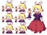  1girl angry blonde_hair blue_eyes bored bow bubble_skirt closed_eyes closed_mouth crying doll expressions frilled_shirt frilled_shirt_collar frills happy highres kanisawa_yuuki medicine_melancholy open_mouth puffy_short_sleeves puffy_sleeves red_bow red_ribbon ribbon sad shirt short_hair short_sleeves skirt smile standing su-san tachi-e touhou variations 
