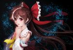  1girl absurdres bangs bow brown_hair detached_sleeves floating_hair frilled_bow frills hair_between_eyes hair_bow hakurei_reimu hands_clasped highres long_hair long_sleeves own_hands_together parted_lips red_and_white red_bow red_eyes shiny shiny_hair solo touhou upper_body very_long_hair white_sleeves yellow_neckwear 