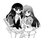  2girls ayateaori bangs commentary creature dress eyelashes flat_chest gen_4_pokemon greyscale holding holding_pokemon long_hair monochrome moon_(pokemon) multiple_girls piplup platinum_berlitz pokemon pokemon_(creature) pokemon_special shorts 