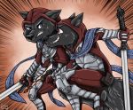  armor bad_guy_cafe black_body black_fur blade canid canine canis demon double fantasy fight fur halloweek hunter luckyz_(moonmoon) mammal melee_weapon purple_eyes red_eyes scar sword weapon wolf ziegelzeig 