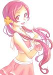  1girl :d bangs collarbone crop_top floating_hair from_side hair_ornament hair_over_shoulder hanasaki_tsubomi heartcatch_precure! holding holding_hair jj_(ssspulse) long_hair looking_at_viewer midriff miniskirt open_mouth parted_bangs pink_hair pink_skirt pleated_skirt precure red_eyes sailor_collar shiny shiny_hair simple_background skirt smile solo standing twintails very_long_hair white_background white_neckwear white_sailor_collar wrist_cuffs 