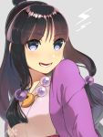  1girl ayasato_mayoi black_hair breasts commentary_request gyakuten_saiban half_updo highres japanese_clothes jewelry long_hair looking_at_viewer magatama necklace open_mouth simple_background smile solo 