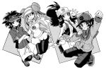  2boys 2girls ayateaori baseball_cap black_(pokemon) breasts collarbone commentary full_body greyscale hat lack-two_(pokemon) long_hair looking_at_viewer monochrome multiple_boys multiple_girls pants pokemon pokemon_special serious shoes shorts small_breasts smile sneakers very_long_hair waving whi-two_(pokemon) white_(pokemon) 