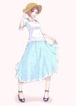  1girl :d blue_eyes blue_skirt full_body grey_background hand_up hat hi_iro highres looking_at_viewer open_mouth original pink_hair sandals shirt short_hair simple_background skirt skirt_hold smile solo sun_hat white_shirt 
