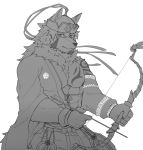  anthro arrow bow_(weapon) canid canine canis clothed clothing fur greyscale hat headgear headwear hi_res holding_bow holding_object holding_weapon kenjilokung looking_at_viewer male mammal monochrome ranged_weapon simple_background solo tattoo temujin tokyo_afterschool_summoners video_games weapon white_background wolf 