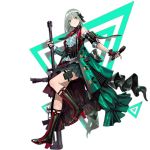  1girl black_footwear black_gloves blush boots closed_mouth earrings eyebrows_visible_through_hair fingerless_gloves full_body girls_frontline gloves green_eyes grey_hair gun high_heel_boots high_heels holding holding_gun holding_microphone holding_weapon infukun jewelry js05_(girls_frontline) knee_boots looking_at_viewer microphone official_art short_hair smile solo transparent_background weapon 