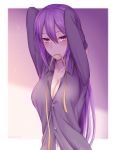  1girl arms_behind_head bangs blush breasts cleavage collarbone collared_shirt commentary_request eltnum eyebrows_visible_through_hair hair_between_eyes hair_down highres large_breasts long_hair looking_at_viewer mouth_hold navel partially_unbuttoned pink_background purple_eyes purple_hair purple_shirt ribbon ribbon_in_mouth shirt sion_eltnam_atlasia solo soukitsu twitter_username tying_hair under_night_in-birth upper_body yellow_ribbon 