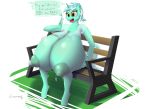  absurd_res anthro bench big_breasts bodily_fluids breasts clothing equid evan555alpha female friendship_is_magic hi_res horn huge_breasts hyper hyper_breasts lactating lyra_heartstrings_(mlp) mammal my_little_pony nipples outisde sitting torn_clothing unicorn 