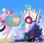  anthro big_breasts bikini breasts cleavage clothed clothing color_edit colored edit equid evan555alpha female friendship_is_magic hi_res horn huge_breasts hyper hyper_breasts mammal marauder6272 my_little_pony princess_cadance_(mlp) princess_celestia_(mlp) princess_luna_(mlp) sibling sister sisters swimwear winged_unicorn wings 