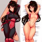  1girl abs areola_slip areolae armor armpits arms_behind_head arms_up bangs bikini black_bodysuit black_hair bodysuit boomerang breasts brown_eyes contrapposto dakimakura elbow_pads greaves hair_ribbon huge_weapon iahfy inuyasha legs_together long_hair lying medium_breasts micro_bikini multiple_views navel on_back ribbon sango sash slender_waist slingshot_swimsuit solo spaghetti_strap swimsuit toned weapon weapon_on_back 