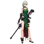  1girl black_footwear black_gloves blush closed_mouth collarbone dress eyebrows_visible_through_hair fingerless_gloves full_body girls_frontline gloves green_dress green_eyes green_hair grey_hair gun high_heels holding holding_gun holding_weapon infukun js05_(girls_frontline) looking_at_viewer multicolored_hair official_art short_hair sleeveless smile solo standing transparent_background two-tone_hair weapon 