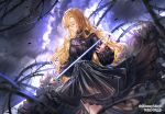  1girl black_dress blonde_hair blurry_foreground closed_eyes closed_mouth cowboy_shot curly_hair dress floating_hair hair_between_eyes holding holding_sword holding_weapon interitio layered_dress long_hair long_sleeves original soles standing sword thorns very_long_hair weapon 