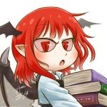  1girl bat_wings book book_stack carrying chamaji close-up collared_shirt commentary eyebrows_visible_through_hair head_wings koakuma long_sleeves looking_at_viewer lowres open_mouth pointy_ears red_eyes red_hair red_sclera shirt signature simple_background slit_pupils solo touhou unbuttoned unbuttoned_shirt upper_body vest white_background wing_collar wings 