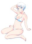  1girl :d arm_support bare_arms bare_legs bare_shoulders barefoot bikini blue_eyes blue_hair breasts cleavage grin hand_up hi_iro highres looking_at_viewer medium_breasts navel open_mouth original short_hair simple_background sitting smile solo swimsuit wariza white_background white_bikini 