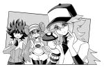  1girl 2boys ayateaori blush double_bun foongus greyscale holding holding_pokemon hue_(pokemon) long_hair looking_at_viewer monochrome multiple_boys n_(pokemon) pokemon pokemon_(creature) pokemon_special spiked_hair tears twintails whi-two_(pokemon) 