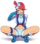  1girl bangs blue_eyes blue_footwear blue_gloves blue_shirt blue_shorts boots breasts cropped_shirt elbow_gloves fuuro_(pokemon) gloves gym_leader highres knee_boots large_breasts leaning_back long_hair long_sleeves looking_at_viewer midriff navel open_mouth pokemon pokemon_(game) pokemon_bw red_hair shinomu_(cinomoon) shirt shorts sidelocks simple_background smile solo spread_legs swept_bangs topknot v white_background 