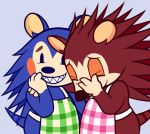  2019 animal_crossing apron blue_body blue_fur blush blush_stickers brown_body brown_fur clothing darkacguy dot_eyes duo eulipotyphlan eyes_closed facepalm freckles fur girls_laughing_(meme) hand_on_face hedgehog laugh mabel_able mammal meme nintendo reaction_image sable_able sharp_teeth sibling sister sisters smile striped_tail stripes teeth video_games 