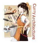  1girl any_(lucky_denver_mint) apron black_hair blush brown_eyes brown_neckwear brown_ribbon brown_skirt c2_kikan carrot collared_shirt curry curry_rice cutting_board food from_side frying_pan hair_ribbon hand_on_hip head_tilt highres holding holding_plate japanese_flag knife looking_at_viewer looking_to_the_side name_tag necktie orange_apron plate ponytail pork pot re-ka-chan ribbon rice rice_cooker shirt sidelocks skirt smile solo white_shirt 