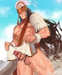  1boy blush brown_hair censored character_request copyright_request cowboy_shot erection from_below headpiece jin_(sirius-j) loincloth_lift long_hair looking_at_viewer male_focus parted_lips precum_drip smile solo symbol_commentary very_long_hair 