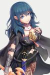 1girl blue_eyes blue_hair breasts byleth_(fire_emblem) byleth_(fire_emblem)_(female) detached_collar fire_emblem fire_emblem:_three_houses gonzarez highres large_breasts looking_at_viewer medium_hair navel pantyhose short_shorts shorts sword sword_of_the_creator tagme vambraces weapon 