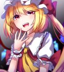  1girl :d blonde_hair collared_shirt cravat crystal eyebrows eyebrows_visible_through_hair fang finger_to_mouth flandre_scarlet gradient gradient_background hat headwear highres mob_cap mozuno_(mozya_7) multicolored_hair open_eyes open_mouth puffy_sleeves red_ribbon ribbon shirt short_hair short_hair_with_long_locks short_sleeves side_ponytail simple_background smile solo teeth touhou upper_body vampire vest wings 