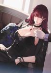  1girl bangs bare_shoulders black_dress breasts choker cigarette cleavage closed_eyes collarbone dress earrings fate/grand_order fate_(series) hair_between_eyes jewelry large_breasts long_hair pendant purple_hair reroi scathach_(fate)_(all) scathach_(fate/grand_order) solo_focus 