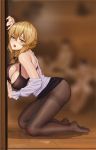  1girl ass black_legwear braided_ponytail breasts brown_eyes brown_hair cleavage feet goblin_slayer! guild_girl_(goblin_slayer!) long_hair pantyhose plume ribbon underwear xian_yu_mo_ren yellow_ribbon 