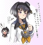  1girl anchor anchor_symbol bangs black_hair blush chibi chibi_inset collarbone commentary_request eyebrows_visible_through_hair fang gradient_hair grey_hair hat kantai_collection long_hair long_sleeves mini_hat multicolored_hair open_mouth purple_eyes ryuun_(stiil) short_hair short_hair_with_long_locks sidelocks simple_background smile smokestack_hair_ornament tokitsukaze_(kantai_collection) translation_request upper_body 