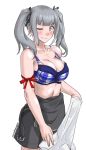  ;) absurdres alternate_breast_size alternate_hairstyle bare_shoulders black_ribbon blue_bra blush bra breasts brown_eyes cleavage dated dress eyebrows_visible_through_hair grey_hair hair_ribbon highres kantai_collection kasumi_(kantai_collection) large_breasts long_hair one_eye_closed pinafore_dress ribbon shirt smile sozan twintails twitter_username underwear white_shirt 
