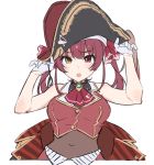  1girl arrow_through_heart bangs bare_shoulders bicorne blush breasts commentary covered_navel cravat gloves hands_on_headwear hat heterochromia hololive houshou_marine large_breasts looking_at_viewer medium_hair open_mouth pirate_hat red_eyes red_hair simple_background solo symbol_commentary teshima_nari twintails upper_body virtual_youtuber white_background white_gloves yellow_eyes 