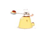  bird chai commentary_request food hat highres holding holding_spoon looking_at_viewer no_humans original penguin pudding scarf simple_background sitting_on_food spoon translation_request trembling white_background 