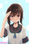  1girl brown_hair eyebrows_visible_through_hair fubuki_(kantai_collection) kamijou_sadame kantai_collection looking_at_viewer low_ponytail remodel_(kantai_collection) salute short_hair short_ponytail smile solo upper_body 