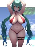  1girl arms_up bangs blue_hair blush breasts cloud eyebrows_visible_through_hair gradient_hair green_hair highres huge_breasts long_hair mouth_hold multicolored_hair navel o-ring o-ring_swimsuit ocean oekakizuki one-piece_swimsuit original pubic_hair pubic_hair_peek red_swimsuit signature skindentation sky solo swimsuit thigh_strap twintails water yellow_eyes 