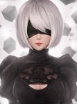  1girl black_blindfold black_dress black_hairband blindfold blurry blurry_background bob_cut breasts breasts_apart cleavage cleavage_cutout covered_eyes cube dress facing_viewer hair_over_eyes hairband juliet_sleeves limgae lips lipstick long_sleeves makeup medium_breasts mole mole_under_mouth nier_(series) nier_automata nose pink_lips pink_lipstick puffy_sleeves revision short_hair silver_hair smirk solo turtleneck upper_body watermark web_address yorha_no._2_type_b 