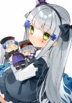  1girl apron bangs beret black_apron black_bow black_hairband black_headwear blunt_bangs blush bow character_doll checkered commentary_request dress eyebrows_visible_through_hair facial_mark frilled_apron frilled_pillow frills g11_(girls_frontline) girls_frontline green_eyes grey_hair hair_bow hair_ornament hairband hasegawa_(rarairairai) hat highres hk416_(girls_frontline) holding jacket long_hair long_sleeves mini_hat parted_lips pillow purple_headwear purple_jacket simple_background tilted_headwear very_long_hair white_background white_dress 