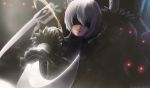  1girl black_blindfold black_dress blindfold blurry blurry_background breasts cleavage dark_background dress facing_viewer highres limgae lips machine medium_breasts mole mole_under_mouth nier_(series) nier_automata revision robot silver_hair solo sword upper_body watermark weapon weapon_on_back web_address yorha_no._2_type_b 
