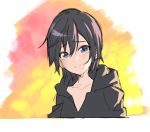  1girl black_coat black_coat_(kingdom_hearts) black_hair blue_eyes blush closed_mouth commentary crying crying_with_eyes_open hood hood_down kingdom_hearts kingdom_hearts_358/2_days looking_at_viewer short_hair sketch smile solo sunset tears teshima_nari upper_body xion_(kingdom_hearts) 