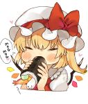  1girl absurdres blonde_hair blush_stickers bow chibi closed_eyes commentary_request eating ehoumaki flandre_scarlet food hat hat_bow heart highres holding holding_food long_hair makizushi mg_mg mob_cap niseneko_(mofumofu_ga_ienai) pointy_ears puffy_sleeves red_bow simple_background solo sushi tempura touhou upper_body white_background white_headwear wings 