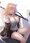  1girl animal_ears arknights bare_legs black_choker black_jacket black_nails blonde_hair blurry blurry_background breasts choker cleavage cutoffs f_(milfaaaaa) fur-trimmed_jacket fur_collar fur_trim hair_between_eyes highres holding holding_weapon jacket large_breasts lion_ears long_hair looking_at_viewer nail_polish open_mouth outdoors red_shorts short_shorts shorts siege_(arknights) sitting solo tank_top weapon white_tank_top yellow_eyes 