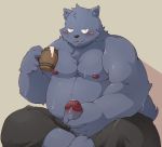  2020 anthro belly blush bodily_fluids bottomwear brooz canid canine canis clothed clothing domestic_dog erection fur fur_tuft genital_fluids genitals glans grey_body grey_fur hi_res holding_object holding_penis humanoid_hands humanoid_penis ishuzoku_reviewers kemono looking_at_viewer male mammal masturbation moobs nipples open_mouth overweight overweight_male pants penis pomupomu490 precum scar solo sweat topless tuft 