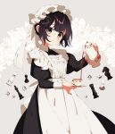  1girl apron black_hair blush bonnet brown_eyes chess_piece cowboy_shot cup dice floral_background holding_pot holding_saucer maid maid_apron mamyouda original short_hair signature smile solo teacup teapot white_apron white_background white_headwear 