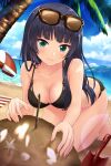  1girl absurdres alternate_costume alternative_girls beach bikini black_bikini breasts closed_mouth eyebrows_visible_through_hair eyewear_on_head green_eyes highres light_blush long_hair official_art palm_tree parasol swimsuit tendou_machi tree umbrella 