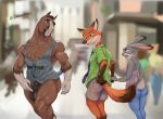  2020 advertisement angry animal_genitalia anthro balls biceps bottomless canid canine clothed clothing disney distracted_boyfriend equid equine female fox genitals group horse judy_hopps lagomorph laser_(artist) leporid long_ears male mammal meme muscular muscular_male nick_wilde nipples pecs public_nudity rabbit sheath shirt smile tank_top topwear zootopia 
