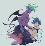  2boys blue_hair cropped_legs demon_boy demon_tail demon_wings dual_persona ear_piercing erection erection_under_clothes galo_thymos grey_background igote incubus leather leather_pants licking_lips male_focus multiple_boys nipple_piercing nipples pants piercing pointy_ears promare pukun purple_skin selfcest shirtless simple_background spiked_hair straddling tail tongue tongue_out tongue_piercing wings yaoi 